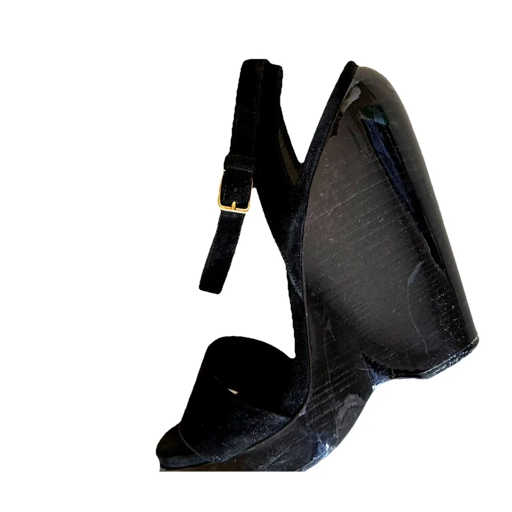 YSL Saint Laurent 2010s Era Lacquered Wedges Suede Wood Heel Black Heels Damage - Picture 8 of 16